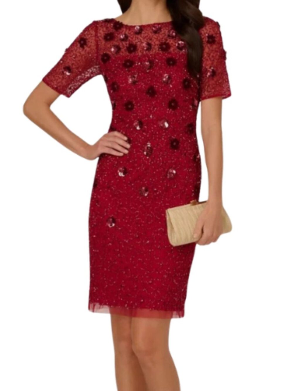 Adrianna Papell Cranberry Beaded Evening Dress Formal Wedding Event Size 4